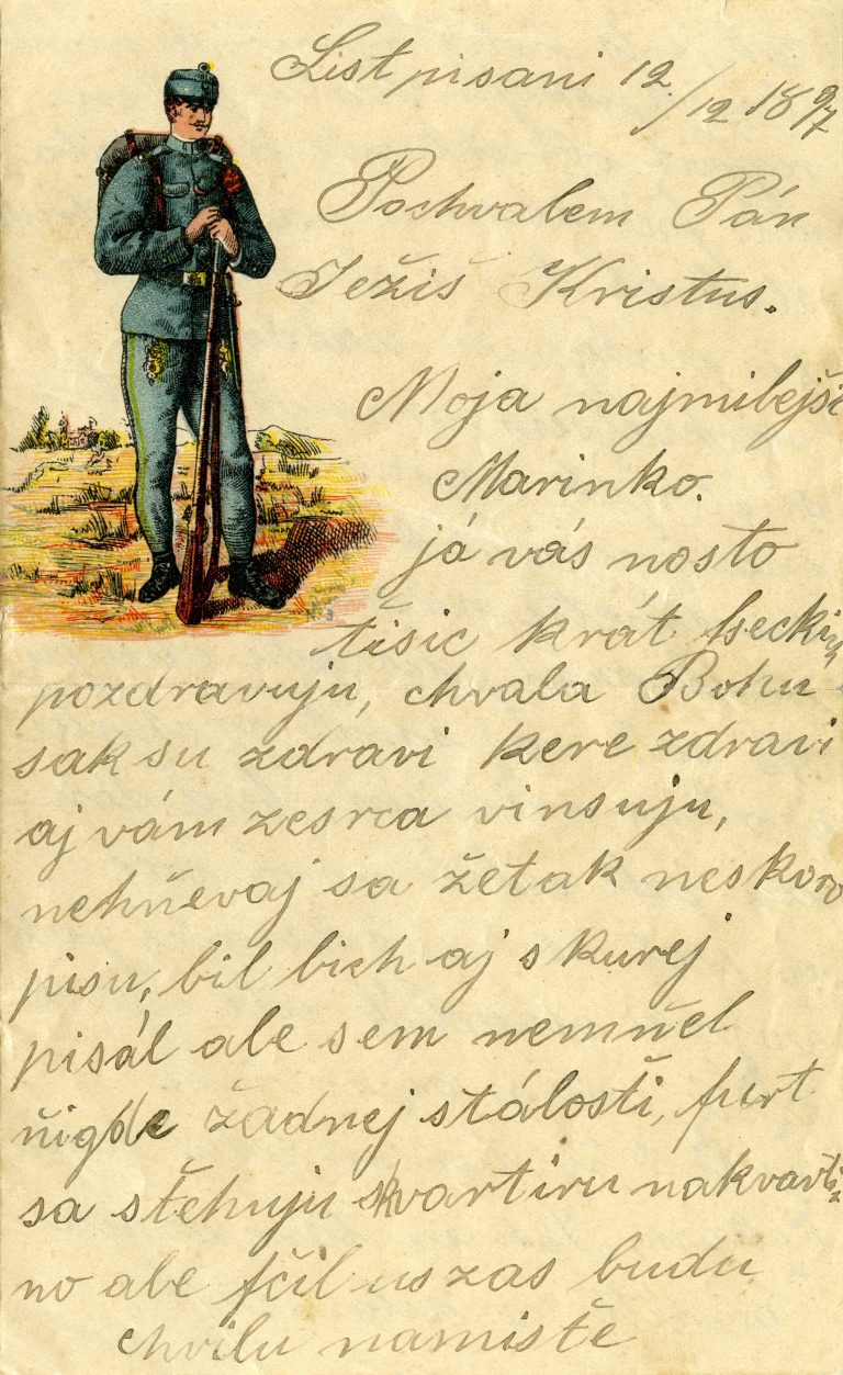Ručne písaný list s farebnou ilustráciou vojaka.
