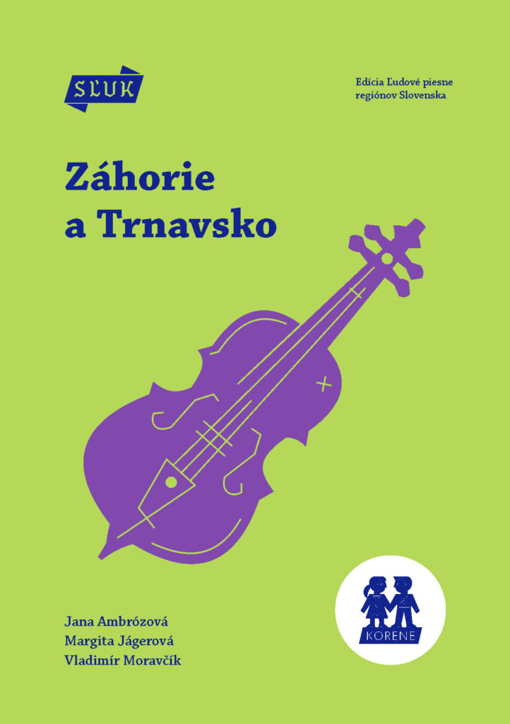 Fialový piktogram huslí na zelenom pozadí. Vľavo hore logo SĽUK, dole mená autorov a logo "Korene".