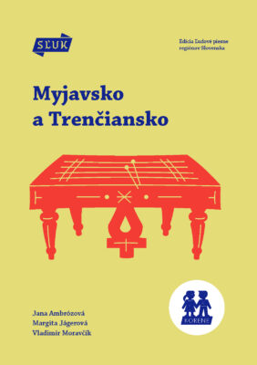 Oranžový piktogram cimbalu na žltom pozadí. Vľavo hore logo SĽUK, dole mená autorov a logo "Korene".