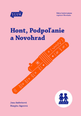 Oranžový piktogram fujary na ružovom pozadí. Vľavo hore logo SĽUK, dole mená autorov a logo "Korene".